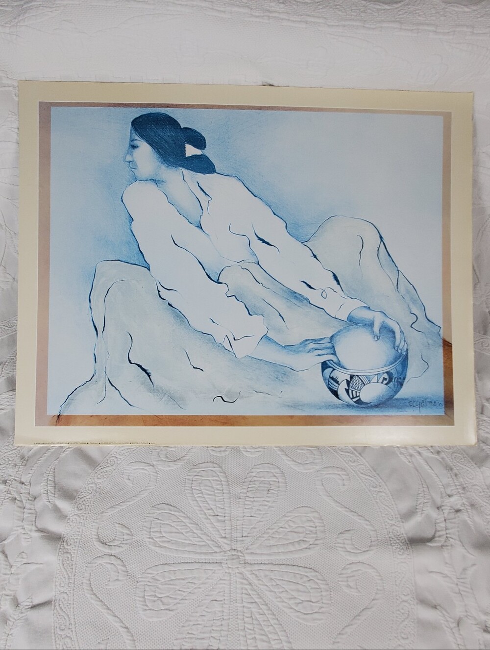Vtg 1980 Randolph Carl Gorman Lithograph Title: The Pottery Keeper - Blue Hue